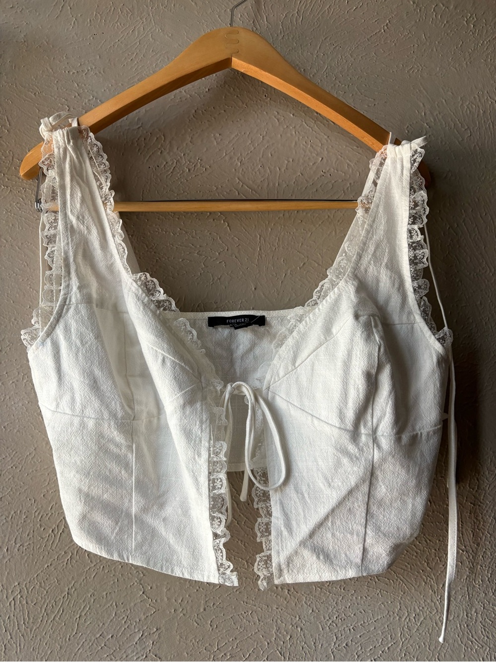 Forever 21 White Lace-Trim Tie-Front Cropped Bustier